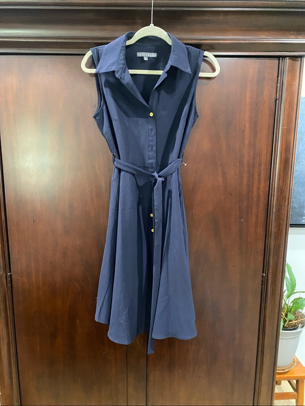 Sharagano Navy Sleeveless Shirt Dress with Tie Waist